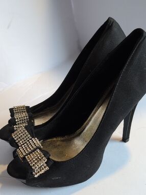 Black Rhinestone Bow Peep-Toe High Heels - Women's Evening Pumps